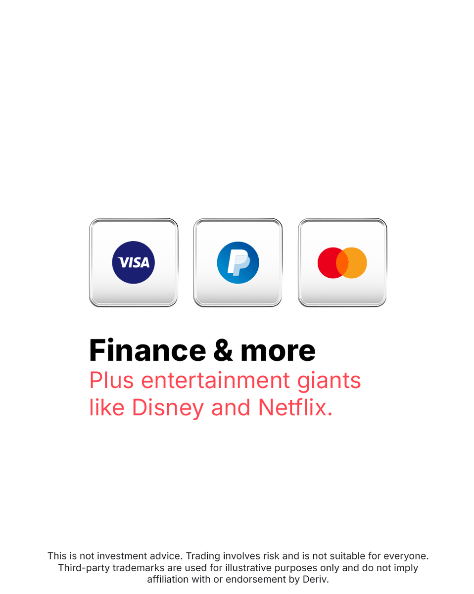 Derivdotcom's tweet photo. From tech giants to household brands, trade the stocks you know π±π
Apple, Tesla, Nike, Netflix, Amazon, and 45+ more on Deriv.
Sign up now to start trading risk-free on a demo account π https://t.co/abrLuisHA5
#Deriv #StocksTrading #PopularStocks
This is not investment advice. Trading involves risk and is not suitable for everyone.