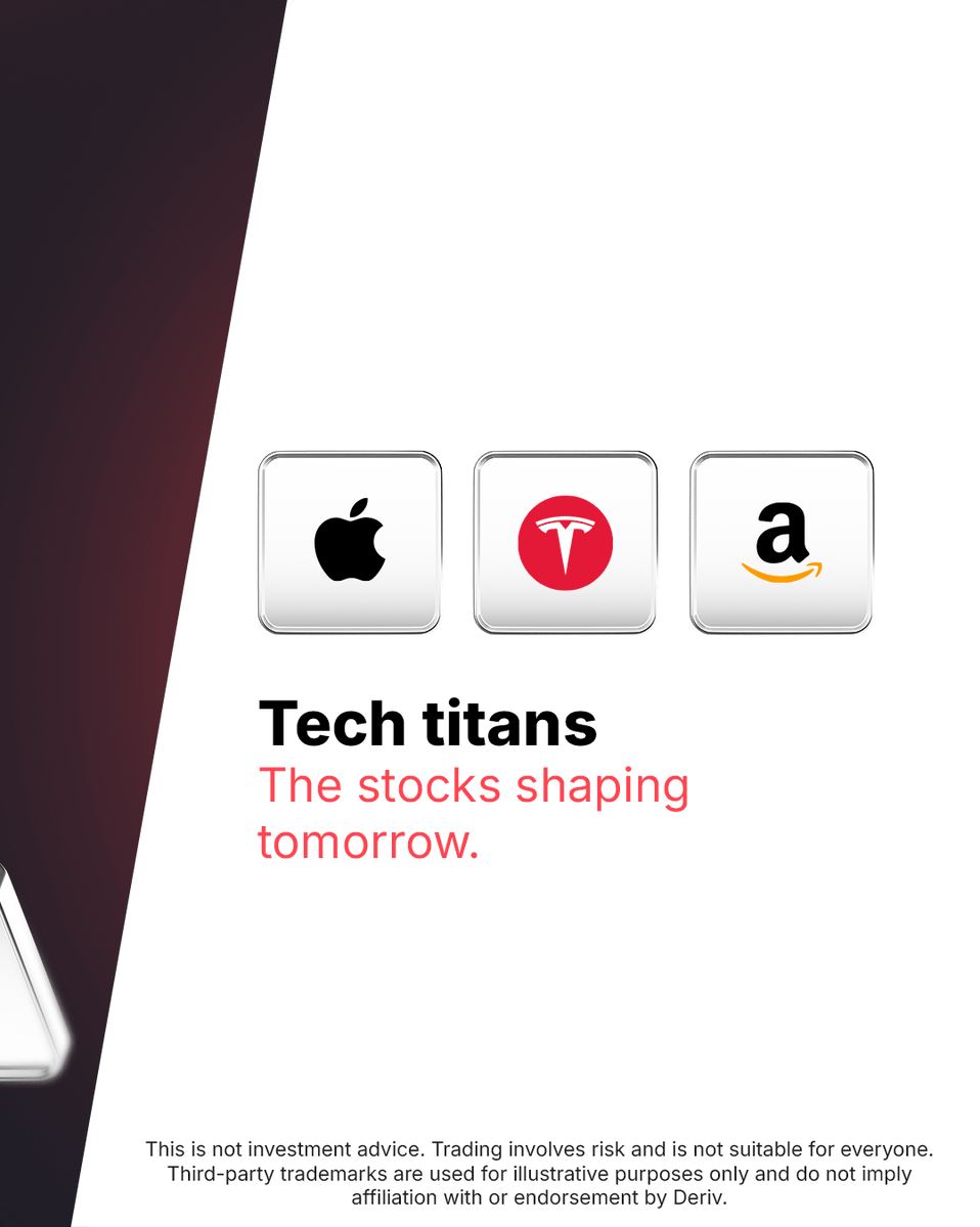 Derivdotcom's tweet photo. From tech giants to household brands, trade the stocks you know π±π
Apple, Tesla, Nike, Netflix, Amazon, and 45+ more on Deriv.
Sign up now to start trading risk-free on a demo account π https://t.co/abrLuisHA5
#Deriv #StocksTrading #PopularStocks
This is not investment advice. Trading involves risk and is not suitable for everyone.