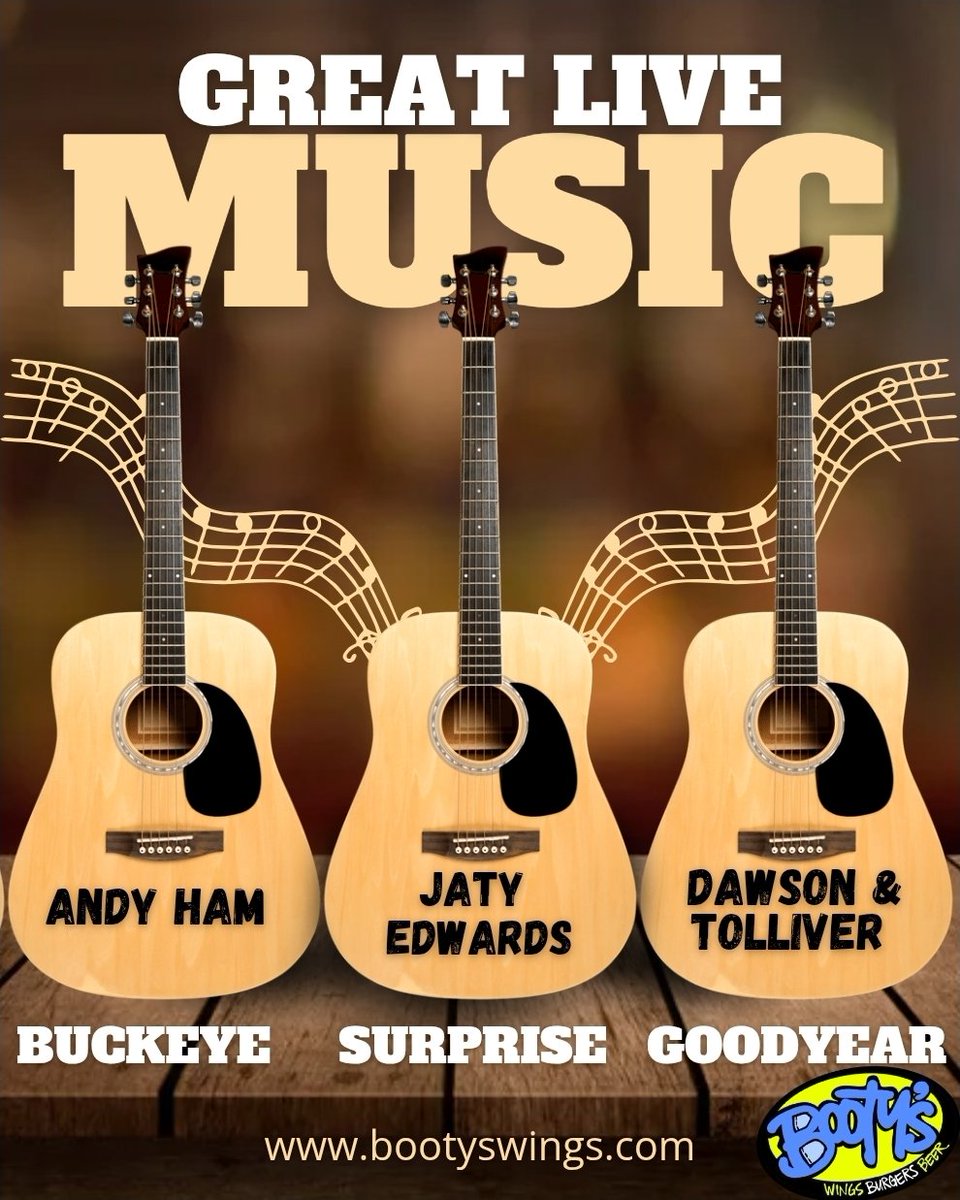 bootyswings's tweet image. 🎸 LIVE MUSIC TONIGHT at Booty's! 🎸
Get ready for an incredible night of acoustic vibes!
🎵 Featuring:
Andy Ham
Jaty Edwards
Dawson &amp;amp; Tolliver

📍 Booty's Wings Burgers &amp;amp; Beer
🏢 Buckeye | Surprise | Goodyear
Great food, cold drinks, and amazing live tunes