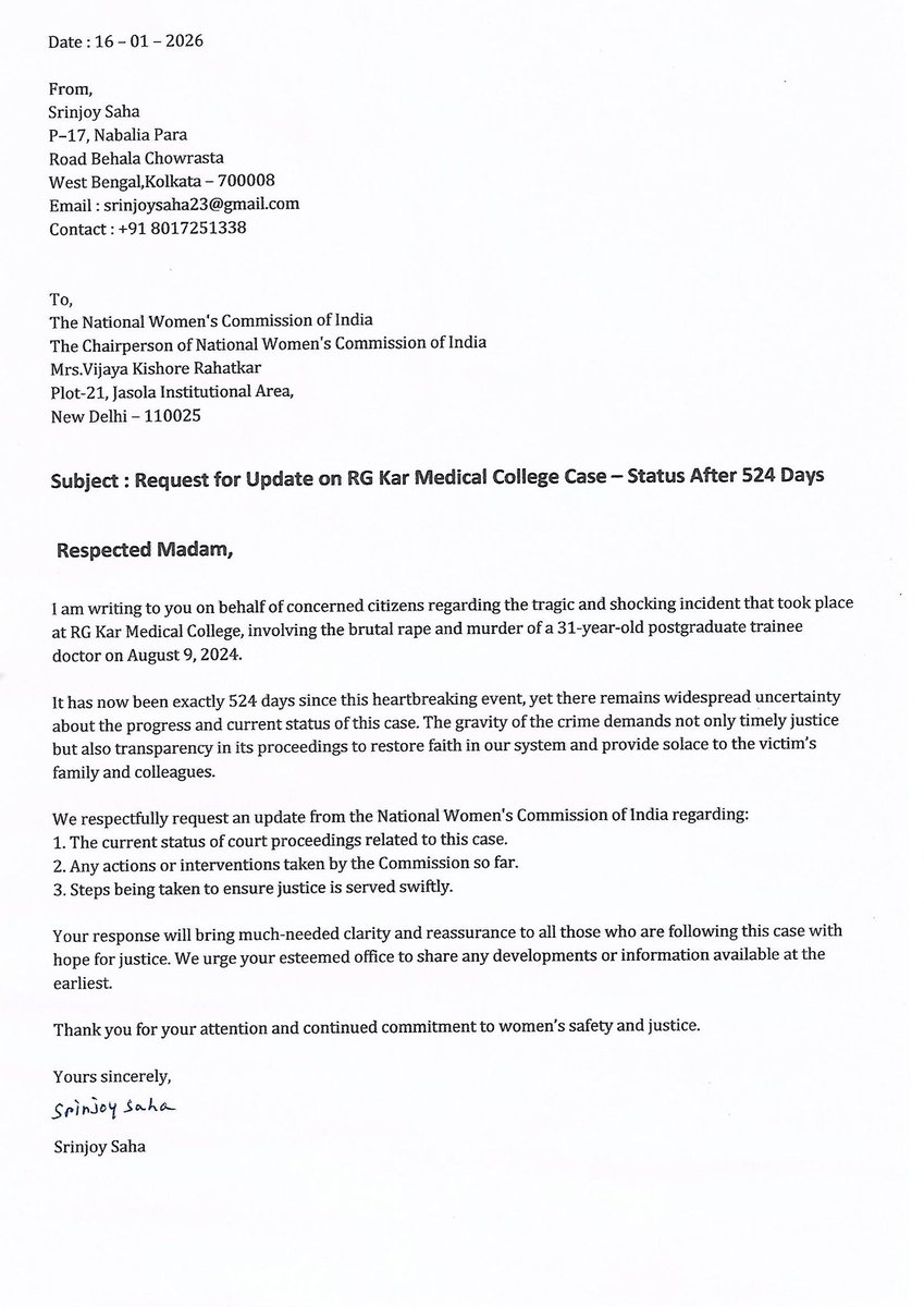 05_srinjoy's tweet photo. 524 Days of Waiting. Where is the Justice? 🕯️⚖️
It has been exactly 524 days since the horrific incident at R.G. Kar Medical College on August 9, 2024. The world moves on, but for the family of "Abhaya" and the medical fraternity, the clock stopped that day.
#JusticeForAbhaya https://t.co/ZhXaFXUdQo