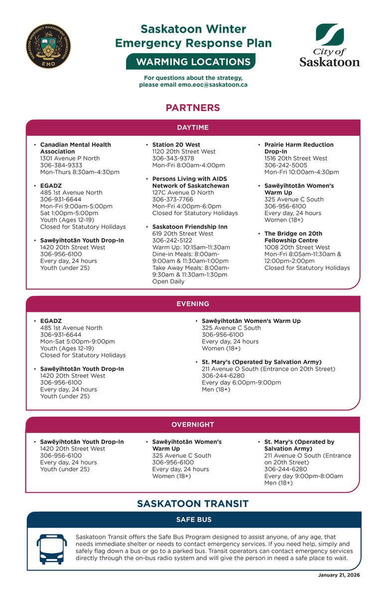 SaskatoonEMO's tweet image. The #YXE Winter Emergency Response Plan will be activated at Level II from Jan 22-28. Please share the updated list of warm-up locations and keep an eye out for anyone who may need assistance.

For details on the Winter Emergency Response Plan, visit saskatoon.ca/cold.