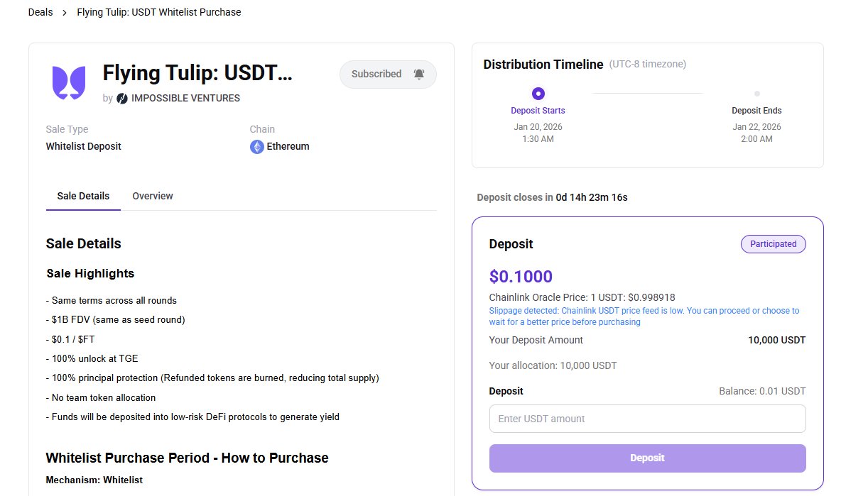 deposited my WL allocation into the <a href="/flyingtulip_/">flyingtulip.com</a> sale
seems like a giga no brainer
- trusted team that's been around for a long long long long long time (no not a trove)
- full refund clause (and again, from a team that 100% won't scam and using an established launchpad)
- 100%