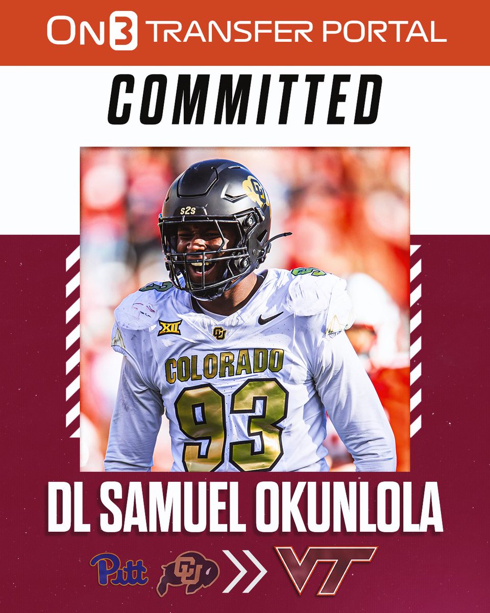 TransferPortal's tweet photo. BREAKING: Colorado transfer DL Samuel Okunlola has committed to Virginia Tech, @Hayesfawcett3 reports🦃

https://t.co/taVkFdowsM https://t.co/7suDLuG9dM