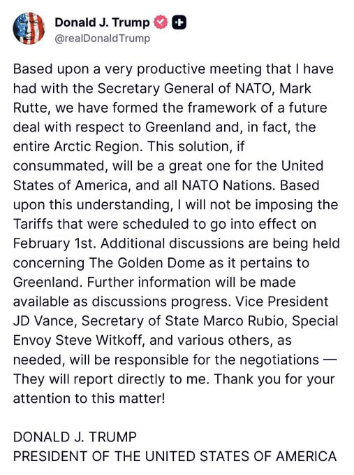 techconcatalina's tweet image. 🔥BOMBAZO🔥

🧨Trump CANCELA los ARANCELES a la Unión Europea luego de que se alcanzara una estructura inicial para un futuro ACUERDO en relación a Groenlandia