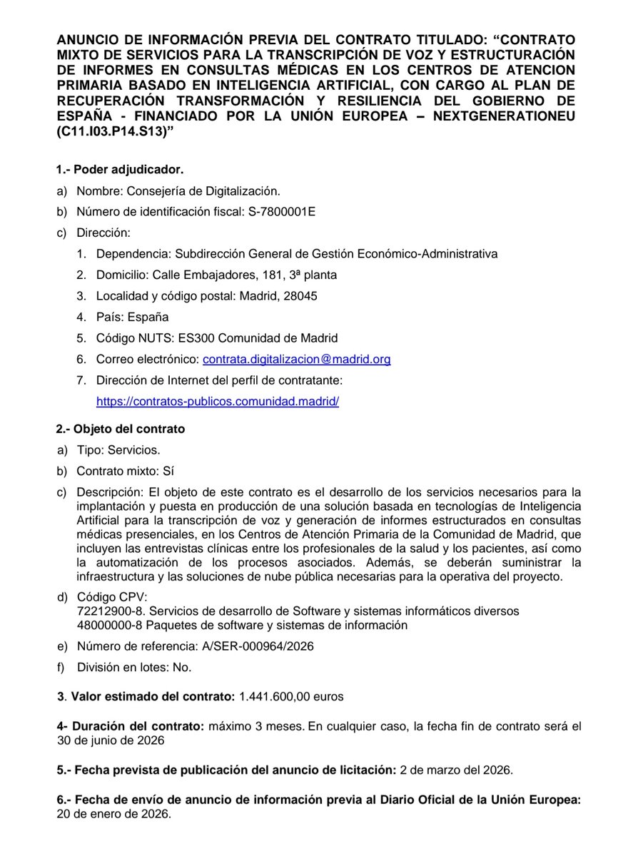 ciudadano_o2's tweet image. Segundo intento de que llegue la IA a la Atención Primaria en Madrid: se va a licitar una solución para transcribir conversaciones y generar informes. Las soluciones presentadas el año pasado no convencieron. Me consta que están pilotando en algunos centros