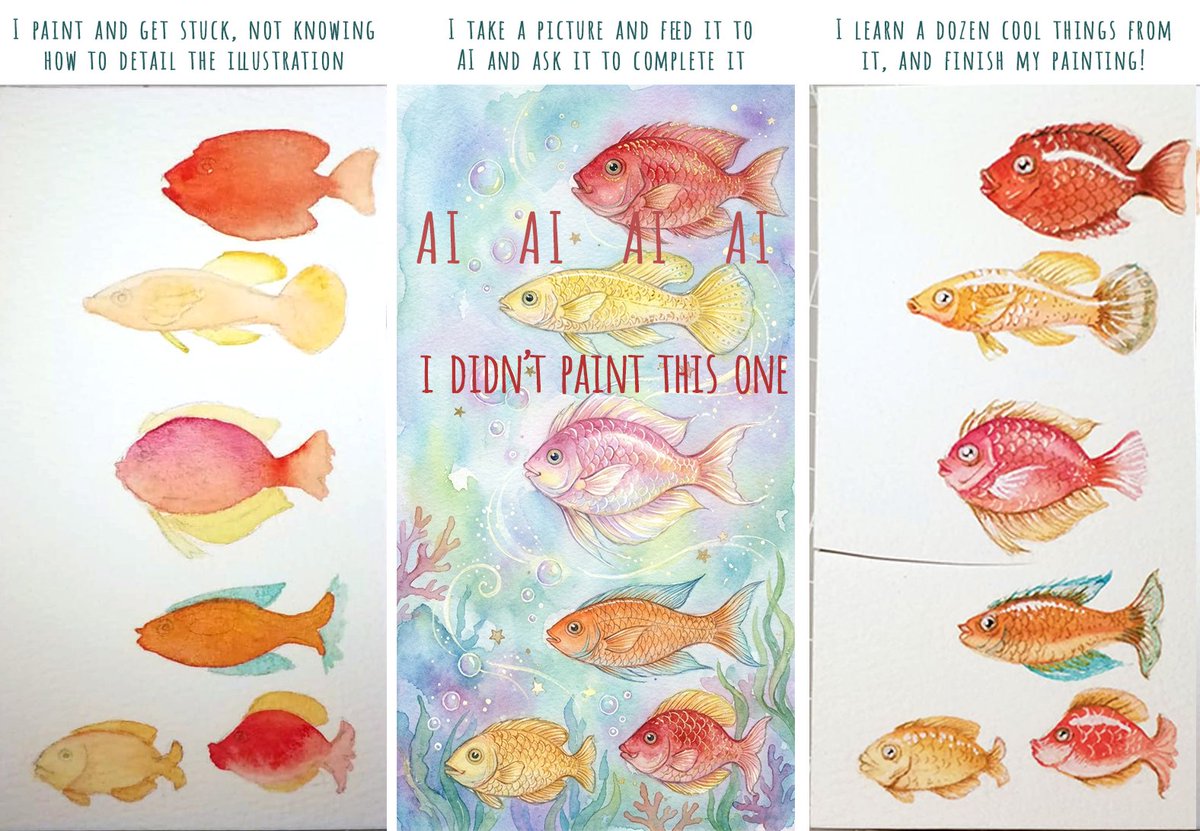 Us artists hating AI is all the rage, but here's how it helps me learn what to improve! I've done this thrice so far and each time it blows my mind.

Stuck with a bit of art and don't know how to make it better? Take a pic, ask AI to finish it, learn, then fix your painting!