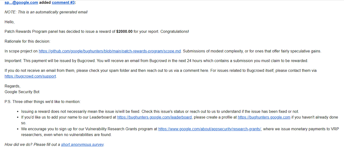 Ky0toFu's tweet photo. Thanks @GoogleVRP! I just received a $2,000 Patch Rewards Program award for contributing a valid security patch to a Google OSS project. https://t.co/2WuueiKqpU
