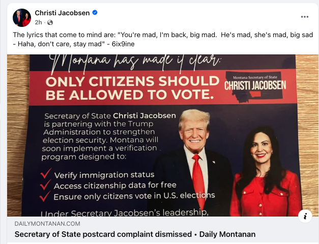 jordyhansen's tweet photo. Montana's Secretary of State is quoting 6ix9ine on her Facebook page for some reason. https://t.co/OQo79sfhSc
