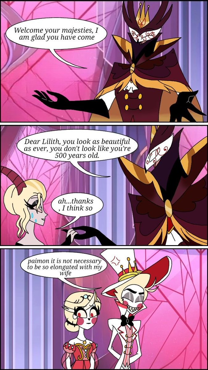 drawingrebecca's tweet photo. [royals friends AU]  the party pt.1 

If you're wondering why 
Charlie's eyes are red unlike the other two comics in the AU...don't worry, there will be an explanation later.

#HazbinHotel #lucifer #CharlieMorningstar #lilith #Helluvaboss #HelluvabossPaimon #stolas https://t.co/S36vvUzW4K