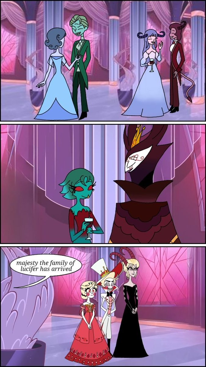 drawingrebecca's tweet photo. [royals friends AU]  the party pt.1 

If you're wondering why 
Charlie's eyes are red unlike the other two comics in the AU...don't worry, there will be an explanation later.

#HazbinHotel #lucifer #CharlieMorningstar #lilith #Helluvaboss #HelluvabossPaimon #stolas https://t.co/S36vvUzW4K