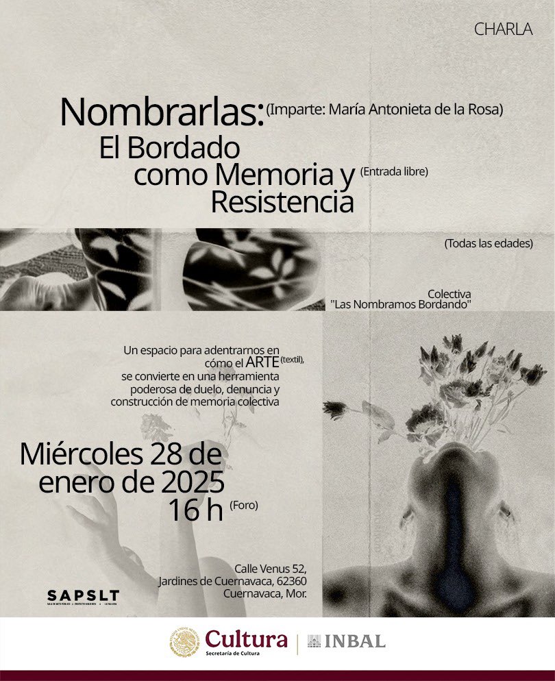 🧵 Nombrarlas: El Bordado como Memoria y Resistencia.
Charla con María Antonieta de la Rosa sobre el bordado como acto de memoria, duelo y resistencia frente a la violencia de género.

🗓 28 de enero | 16 h
📍 La Tallera
🎟 Entrada libre