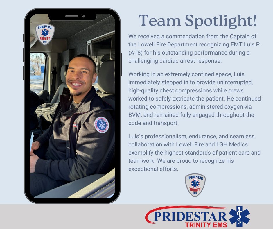 🚑
Shoutout to EMT Luis P.(A18) for exceptional work during a challenging cardiac arrest response with Lowell Fire &amp; LGH Medics. Luis delivered uninterrupted CPR in a confined space, rotated compressions, and assisted with BVM throughout the code and transport. Outstanding . 💪👏