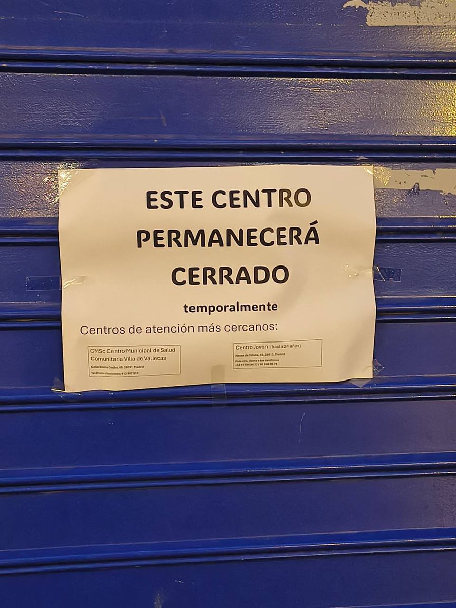 🚨 Cierre cautelar del Centro Municipal de Salud Comunitaria de Puente de Vallecas.
Años de humedades y dejación del Ayuntamiento acaban así: centro cerrado y servicio interrumpido.
Vallecas paga el abandono y las vecinas tendrán que desplazarse a otros distritos. Soluciones ya.