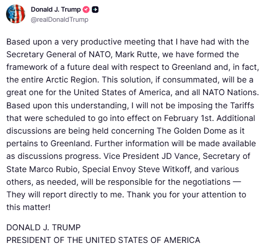 ‼️ [ 🇺🇸 ÉTATS-UNIS | 🇬🇱 GROENLAND ]

🔸 Donald Trump affirme qu’un « cadre d’accord » a été établi concernant le Groenland et, plus largement, l’ensemble de la région arctique.

Il présente ce projet comme bénéfique pour les États-Unis et l’ensemble des pays de l’OTAN et annonce