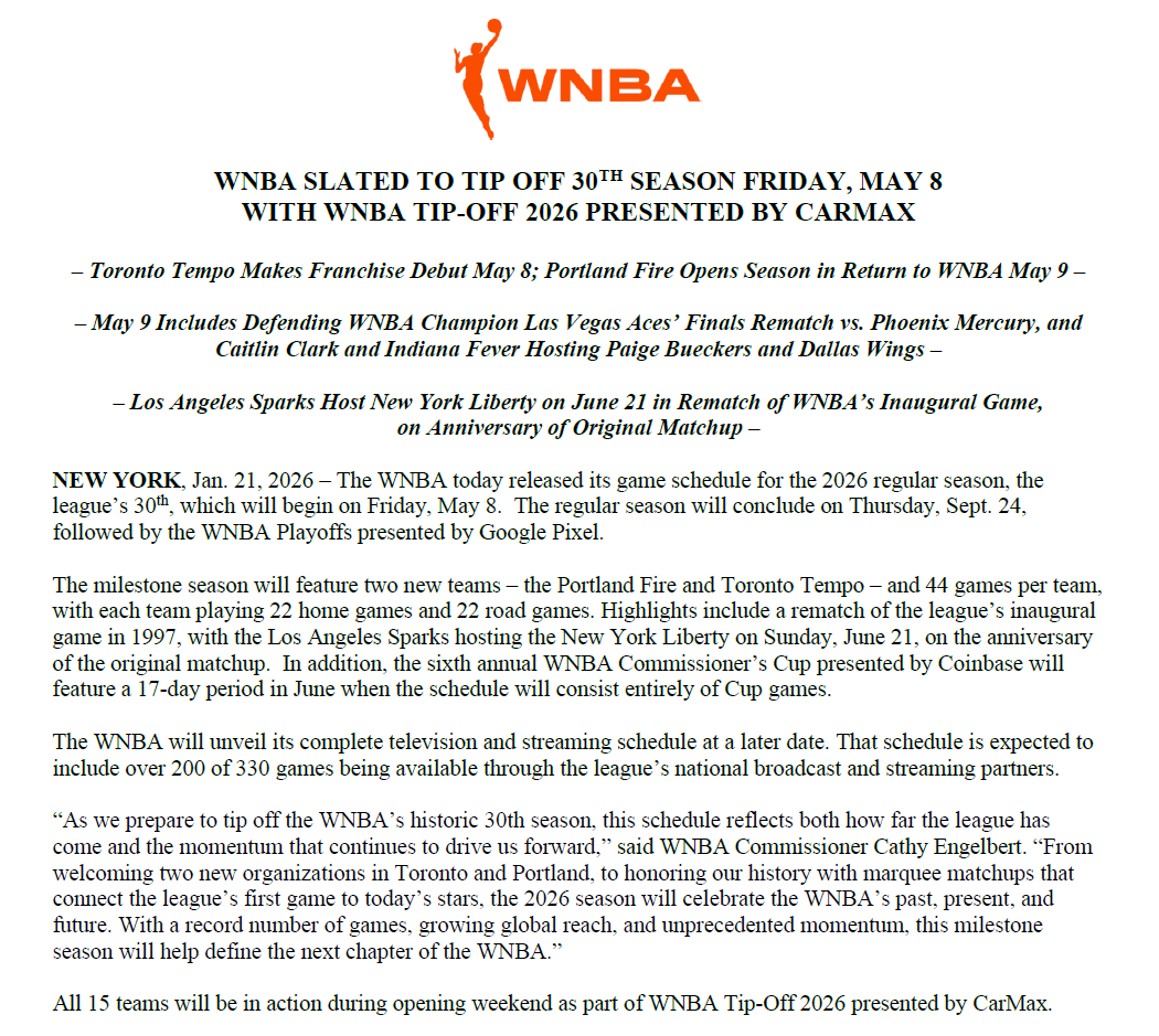 WNBAComms's tweet image. WNBA Slated To Tip Off 30th Season Friday, May 8 With WNBA Tip-Off 2026 Presented By Carmax