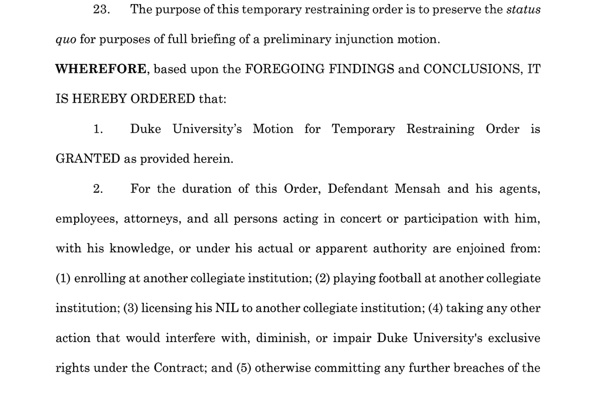 Here's the wording of Duke's TRO ruling. Essentially, Mensah cannot enroll at another school, play football at another school or license his NIL to another school. espn.com/college-footba…