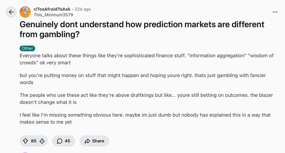 predictquant's tweet image. If you ever feel stupid in life, just remember there are people that still think trading prediction markets is gambling… 

My response to those people:

Any time money touches uncertainty, it looks like gambling. The same way: 

- Trading is gambling
- Insurance is gambling
-…