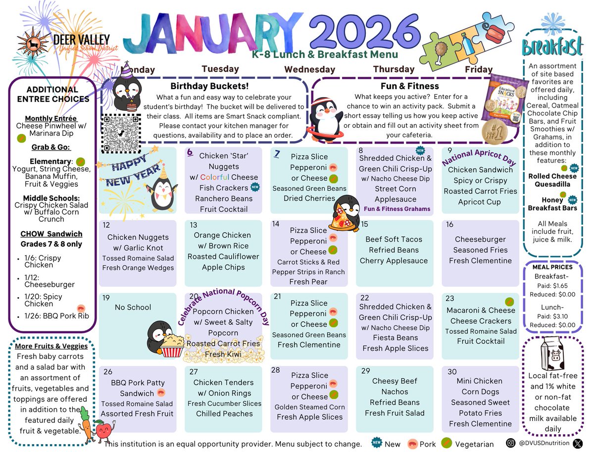 Menu Change- On January 22, in place of the Beef Taquito on the K-8 menu, we will now be offering the Chicken &amp; Green Chili Crisp-Up that was introduced earlier this month.  Yum! <a href="/DVUSD/">Deer Valley Unified School District</a>