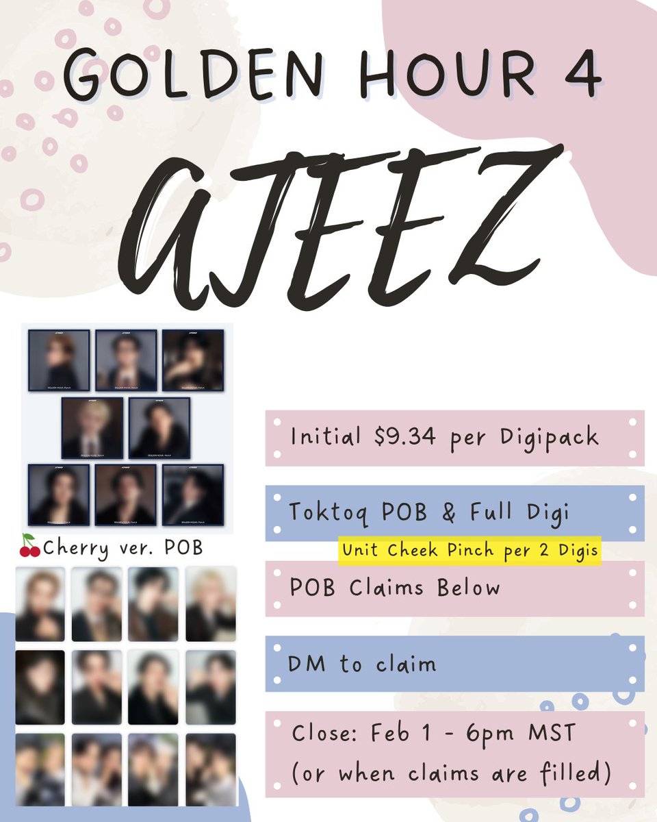 SPTrades8's tweet photo. #ATEEZ #GOLDENHOUR_Part4
📍USA Group Order / US GO

🐼Toktoq Albums, Digipacks, and POCAs
🐧Member claims for all POBs &amp; Digis
🐼See claims in comments of this post
🐧For more in depth info, check out our IG posts: https://t.co/Tzpy28qoDn

Prices+ in photos. #ATINY DM to claim! https://t.co/YZTmnKUPOV