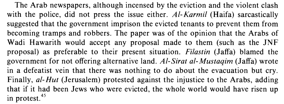 _ZachFoster's tweet image. In 1929, the Zionist movement bought a large swath of land in northern Palestine &amp;amp; set out to expel the Arabs living on it. In 1930, a Palestinian newspaper remarked: "if it had been Jews who were evicted, the whole world would have risen up in protest." jstor.org/stable/162960?…