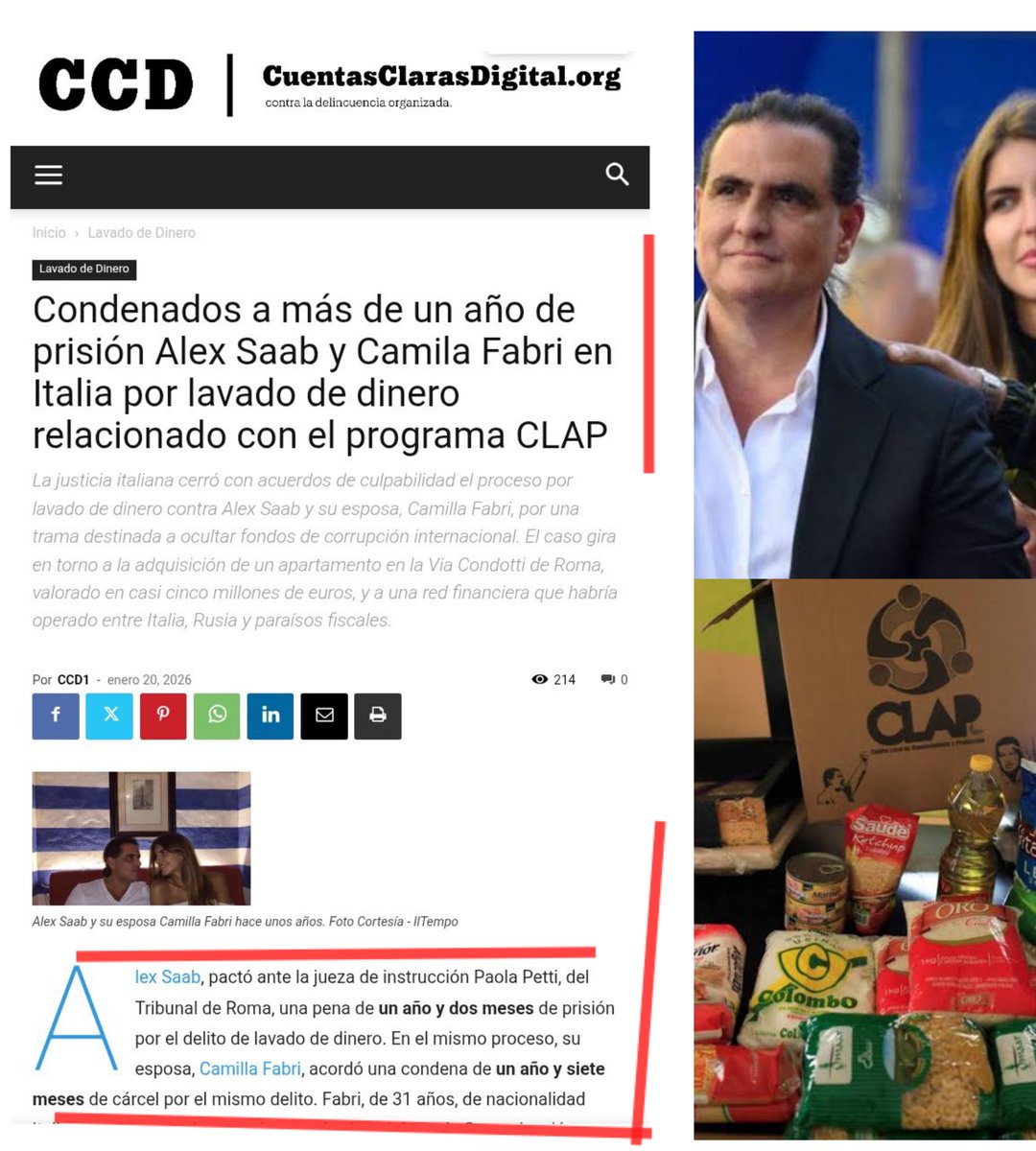 ¡Siempre lo dijimos desde sus comienzos! Finalmente Alex Saab y su  consorte Camila Fabri se declararon "culpables" de lavado de activos y corrupción las cajas Clap en sobreprecios y tráfico de influencias en Italia y pactaron una condena de poco más de un año para cada uno. Se