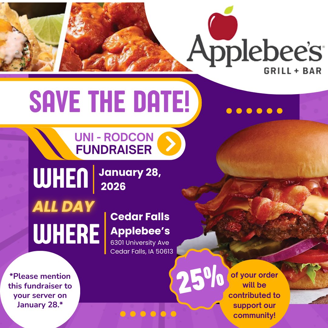 1- Week to go! Join us at Applebee's in Cedar Falls to support RodCon. Mention the fundraiser to your server to have 25% of your bill go towards the event.