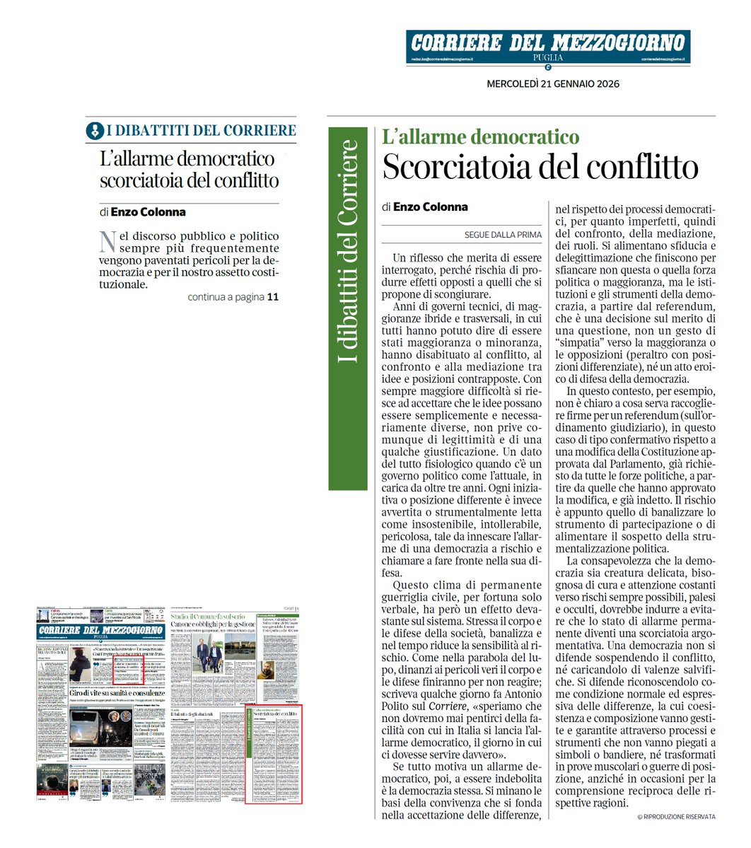 Nel <a href="/corrmezzogiorno/">CorriereMezzogiorno</a> #Puglia <a href="/Corriere/">Corriere della Sera</a> un mio intervento sull’abuso dell’allarme democratico, spesso usato come scorciatoia del conflitto politico.
La democrazia non si difende sospendendo il conflitto, ma riconoscendolo e governandolo.
#democrazia #dibattitopubblico #referendum