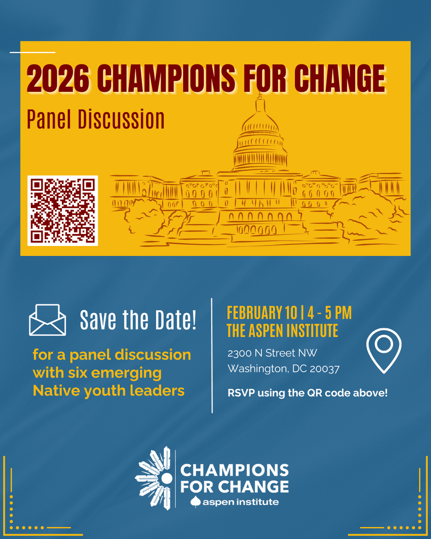 Center4Native's tweet image. Join us on 2/10 for a conversation with the 2026 Champs about issues impacting young people across the country — from education &amp;amp; economic development to mental health &amp;amp; sovereignty. 🏆

Not in DC? The event will be livestreamed as well. Link in our bio (or QR code) to register🔗