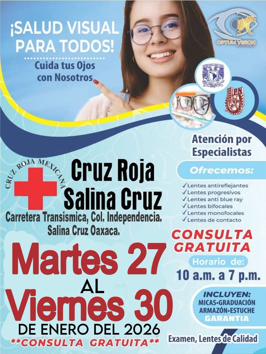 TSCnoticias's tweet photo. 📣👓 ¡Jornada de Salud Visual para todos! 👓
Atención por especialistas:
✓ Lentes antireflejantes
✓ Lentes progresivos
✓ Lentes anti blue ray
✓ Lentes bifocales
✓ Lentes monofocales
✓ Lentes de contacto

🔴   27 -30 de enero del 2026, en la Cruz Roja de Salina Cruz, Oax. https://t.co/JhXGcWCG4r