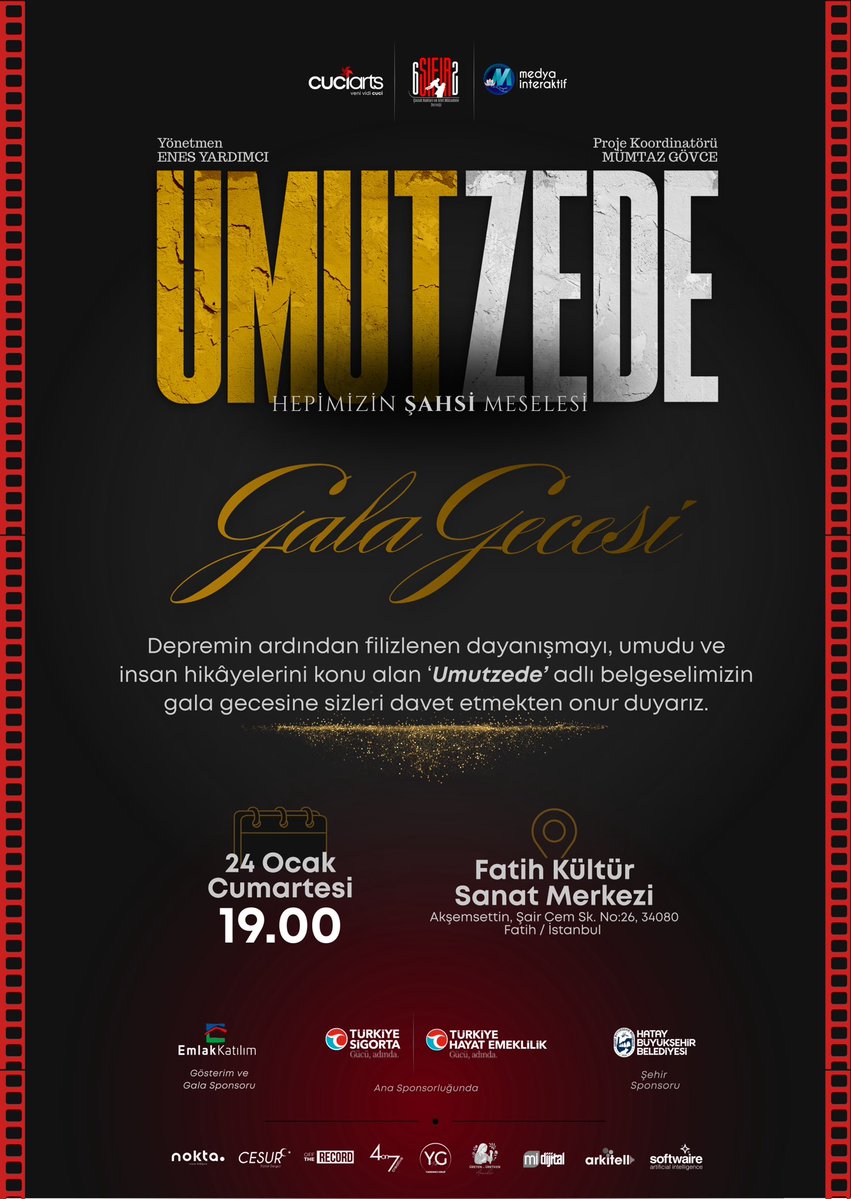 Depremin ardından filizlenen dayanışmayı, umudu ve insan hikâyelerini konu alan “Umutzede” belgeselimizin Gala Gecesinde sizleri aramızda görmekten onur duyarız.

🎬 Gala Gecesi
📅 24 Ocak Cumartesi
⏰ 19.00
📍 Fatih Kültür Sanat Merkezi 

#umutzede
