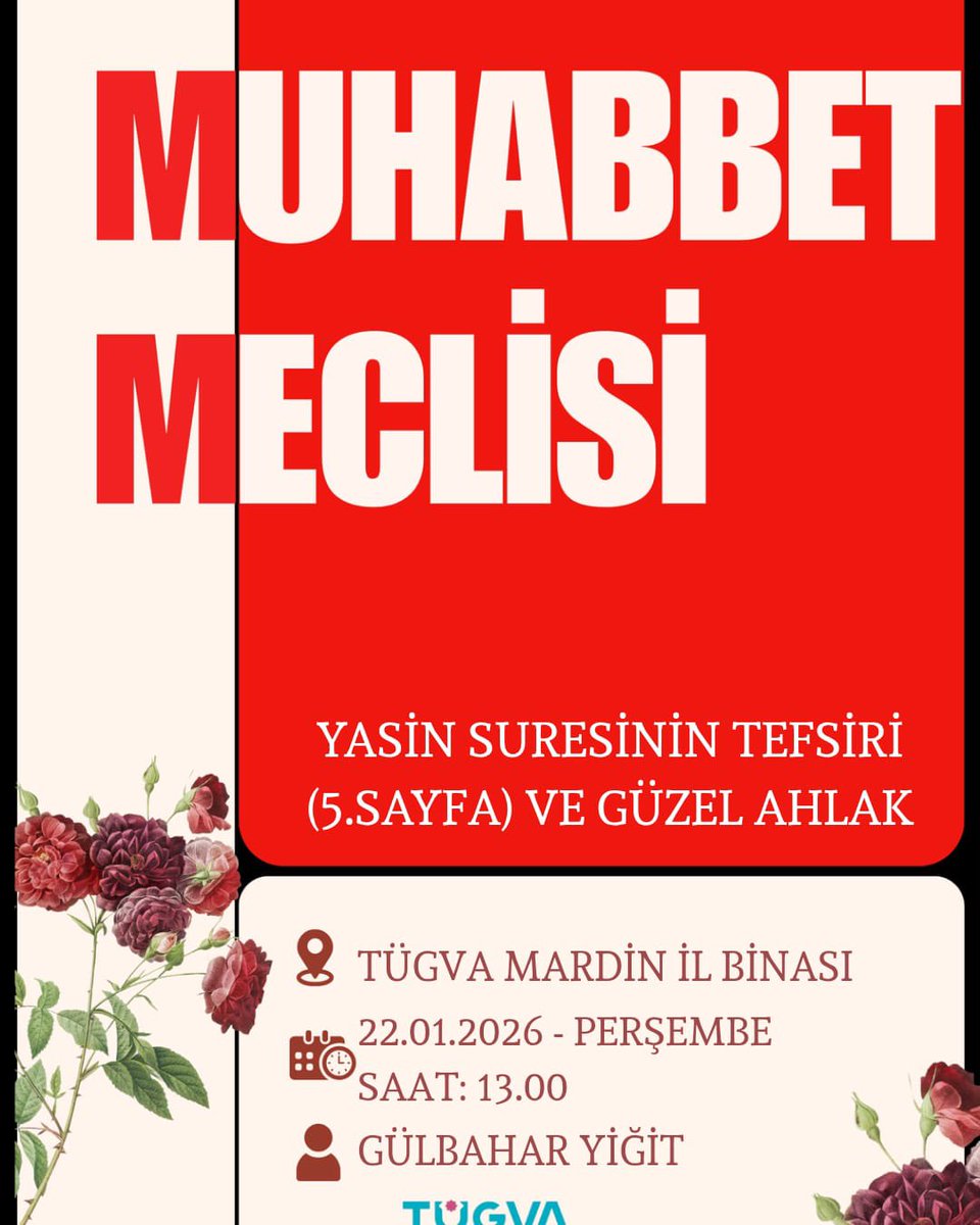 “TÜGVA Mardin Kadın ve Aile Koordinatörlüğü olarak düzenlediğimiz Muhabbet Meclisi programımıza tüm hanım kardeşlerimizi bekliyoruz.
Her hafta yeni bir konu, Kur’an’dan tefsir sohbetleriyle buluşuyoruz.”