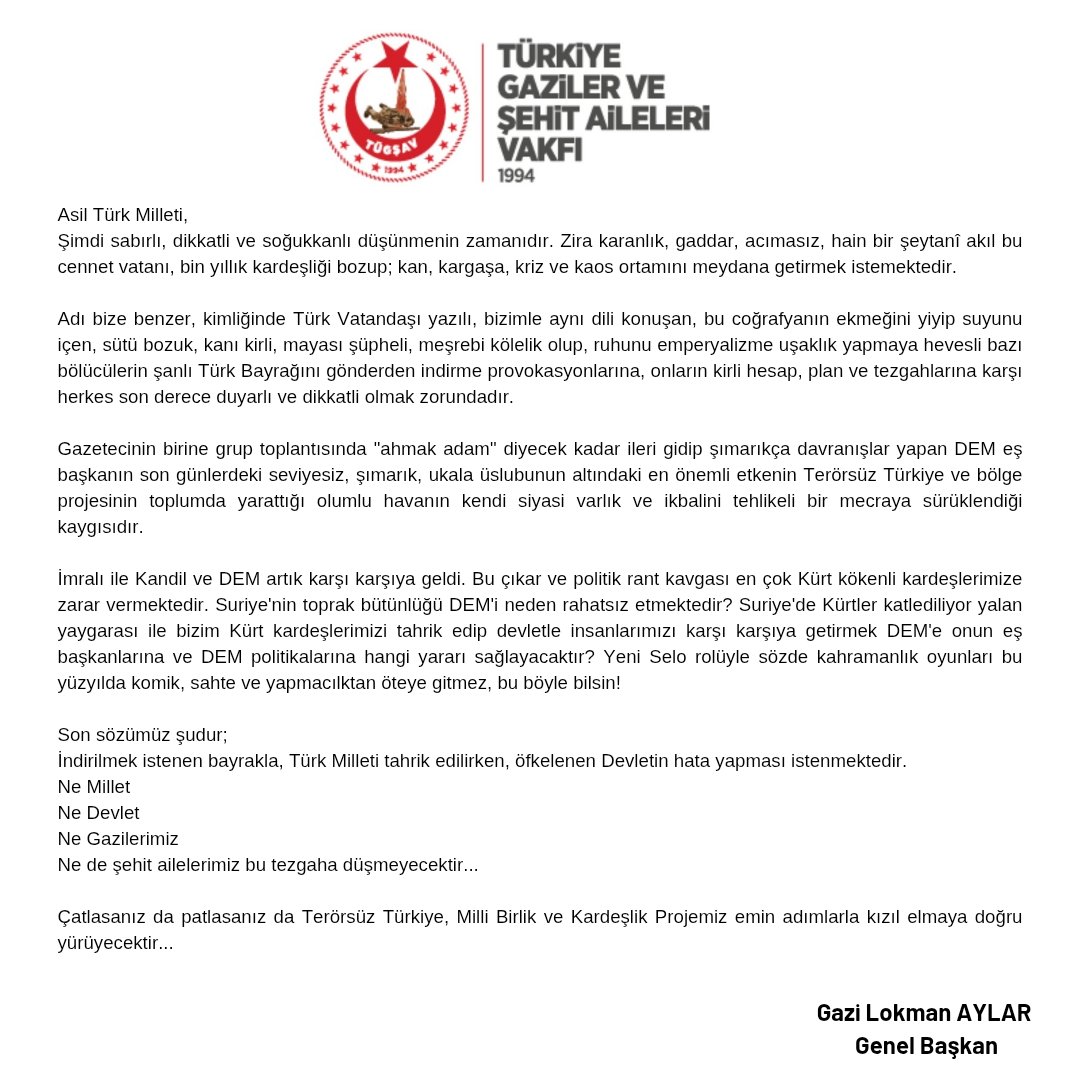 İndirilmek istenen bayrakla, Türk Milleti tahrik edilirken, öfkelenen Devletin hata yapması istenmektedir.

Ne Millet,
Ne Devlet,
Ne Gazilerimiz,
Ne de şehit ailelerimiz bu tezgaha düşmeyecektir...

<a href="/RTErdogan/">Recep Tayyip Erdoğan</a> <a href="/dbdevletbahceli/">Devlet Bahçeli</a> <a href="/AliYerlikaya/">Ali Yerlikaya</a> <a href="/MahinurOzdemir/">Mahinur Özdemir Göktaş</a> <a href="/TC_icisleri/">T.C. İçişleri Bakanlığı</a>