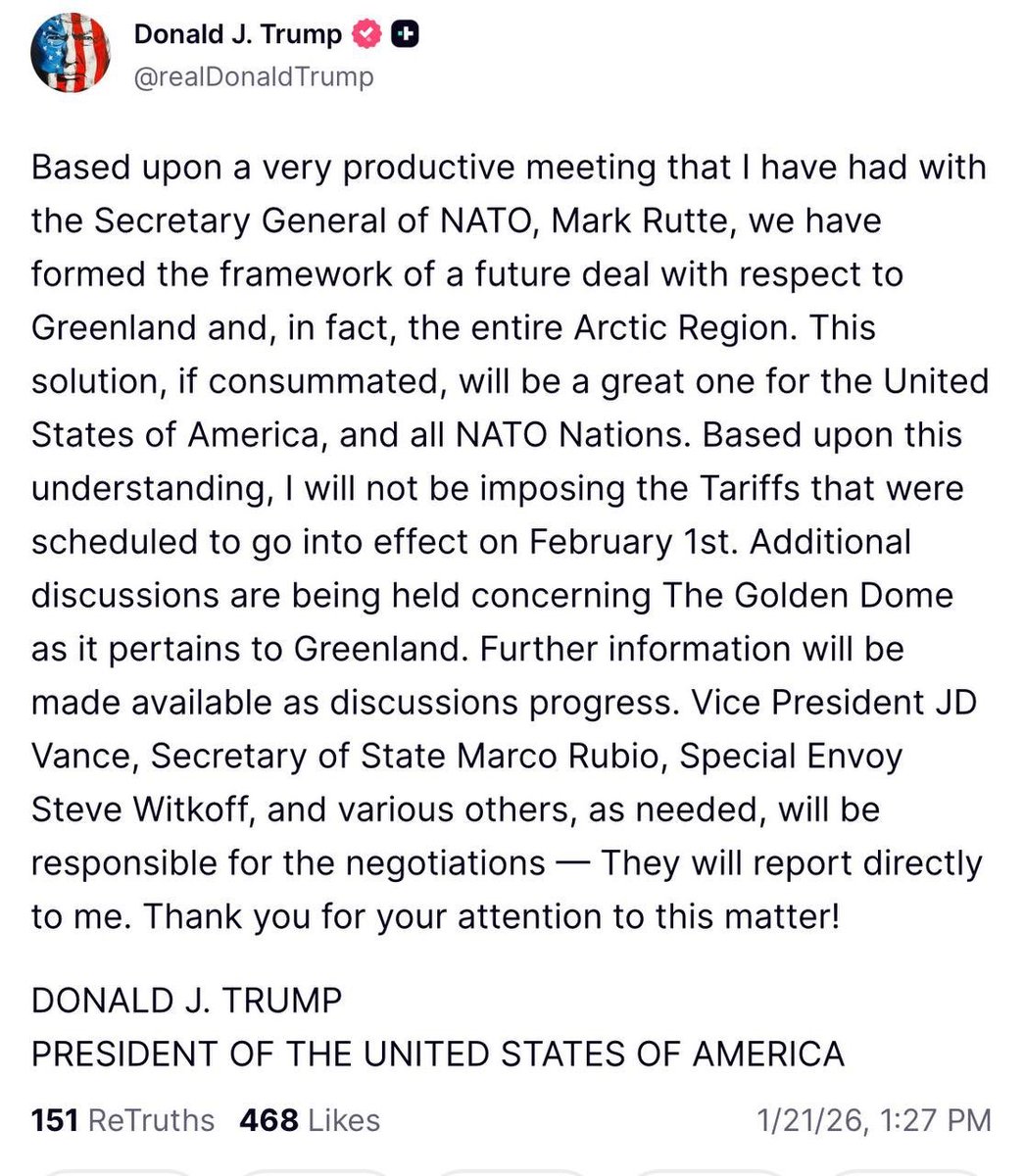 TheoLaubry's tweet image. 🚨Breaking : pas de nouveaux droits de douane visant les pays européens et un pas vers un "accord" pour le Groenland et l’Arctique. 
Traduction pour les non initiés : Trump a reculé.