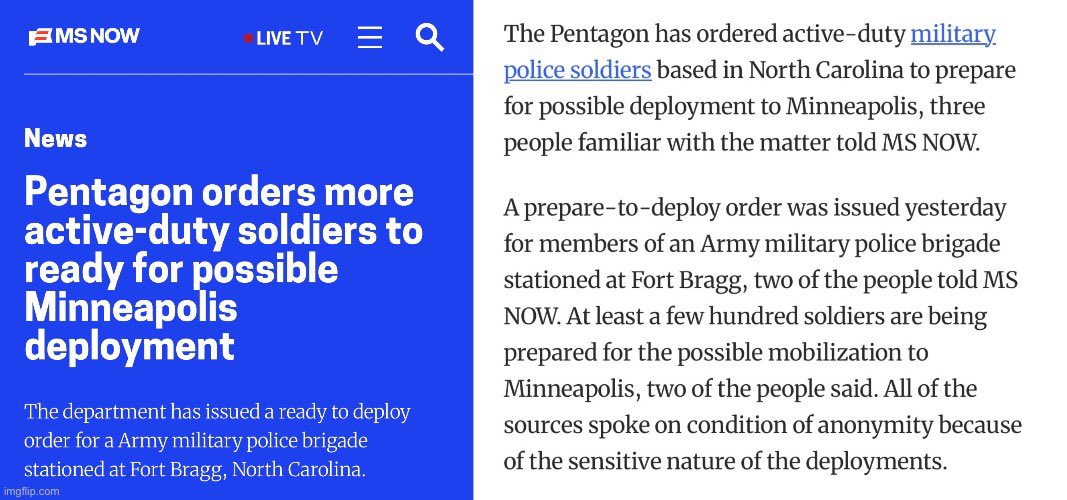 WarClandestine's tweet image. Military Police are reportedly being prepared for mobilization to Minneapolis.

Look at the presence in Minneapolis:

-3000+ DHS/ICE 
-1500+ 11th Airborne on standby
-500+ NG QRF on standby 
-Undisclosed DOJ/FBI agents
-Hundreds of MPs on standby

Something is about to go down.…