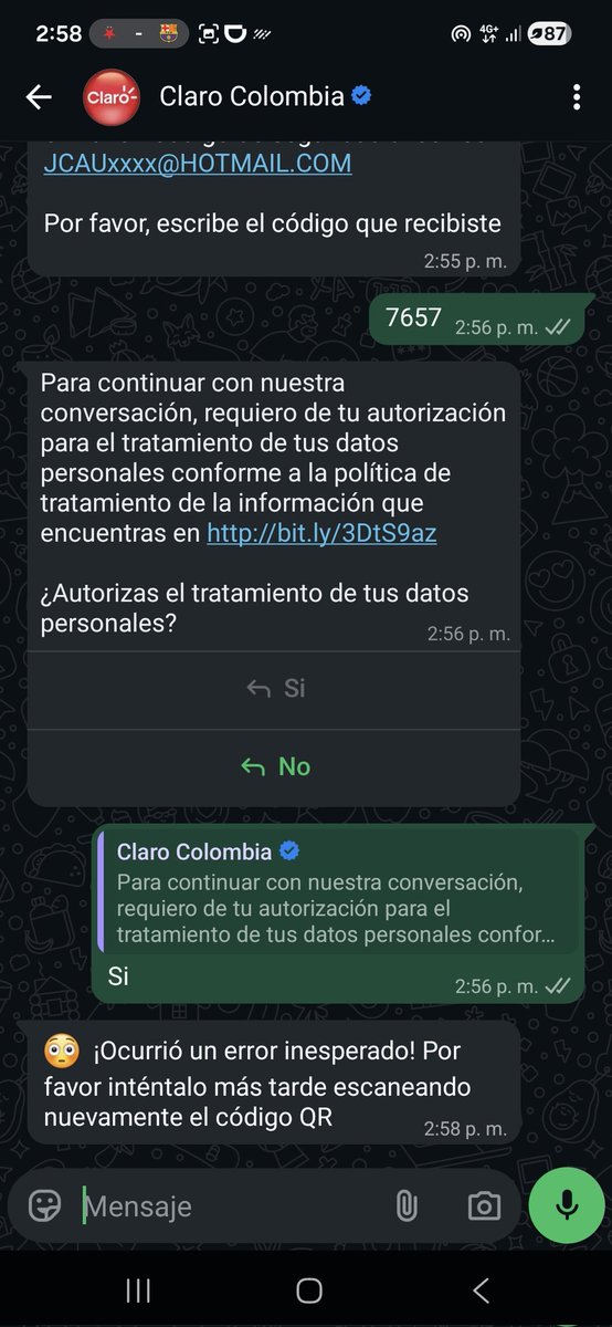 juank_Achu's tweet photo. Siempre que trato de contactarme con Claro por whatsapp sale un mensaje de error... para qué tienen ese servicio si nunca funciona?  @ClaroColombia @sicsuper https://t.co/4V28GJoEX9