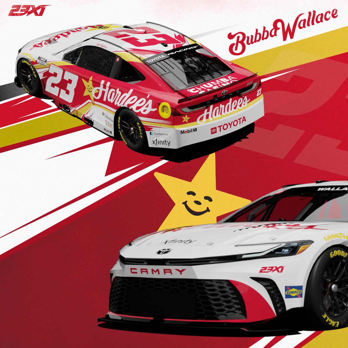 JustUneven's tweet photo. New year, New sponsors, wanted to jump on this one as soon as i could

#NASCAR #NASCARDesign #GraphicDesign #GraphicDesigner @23XIRacing @BubbaWallace @Hardees @ToyotaRacing #23xi https://t.co/cygYiLUUrO