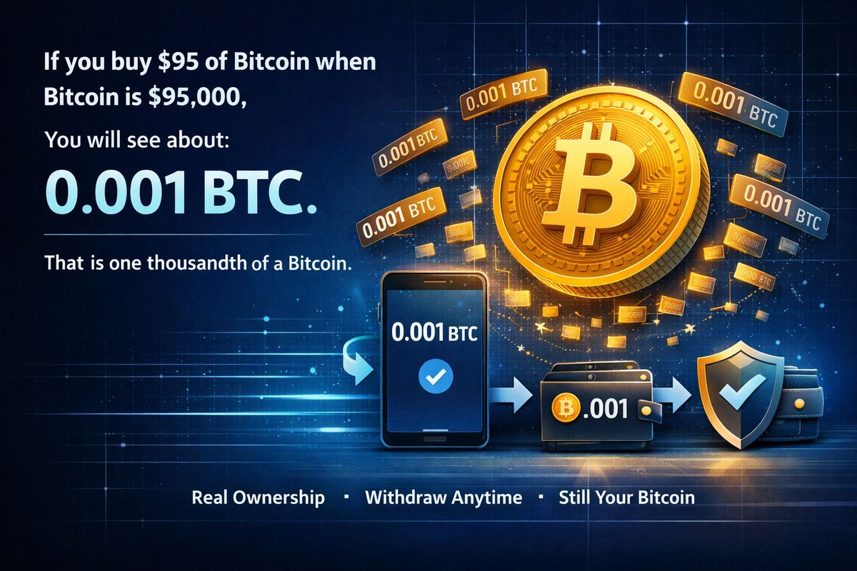If you buy $95 of Bitcoin when Bitcoin is $95,000, You will see about: 0.001  BTC. That is one thousandth of a Bitcoin. Still real ownership. Still your  Bitcoin. Still withdrawable to