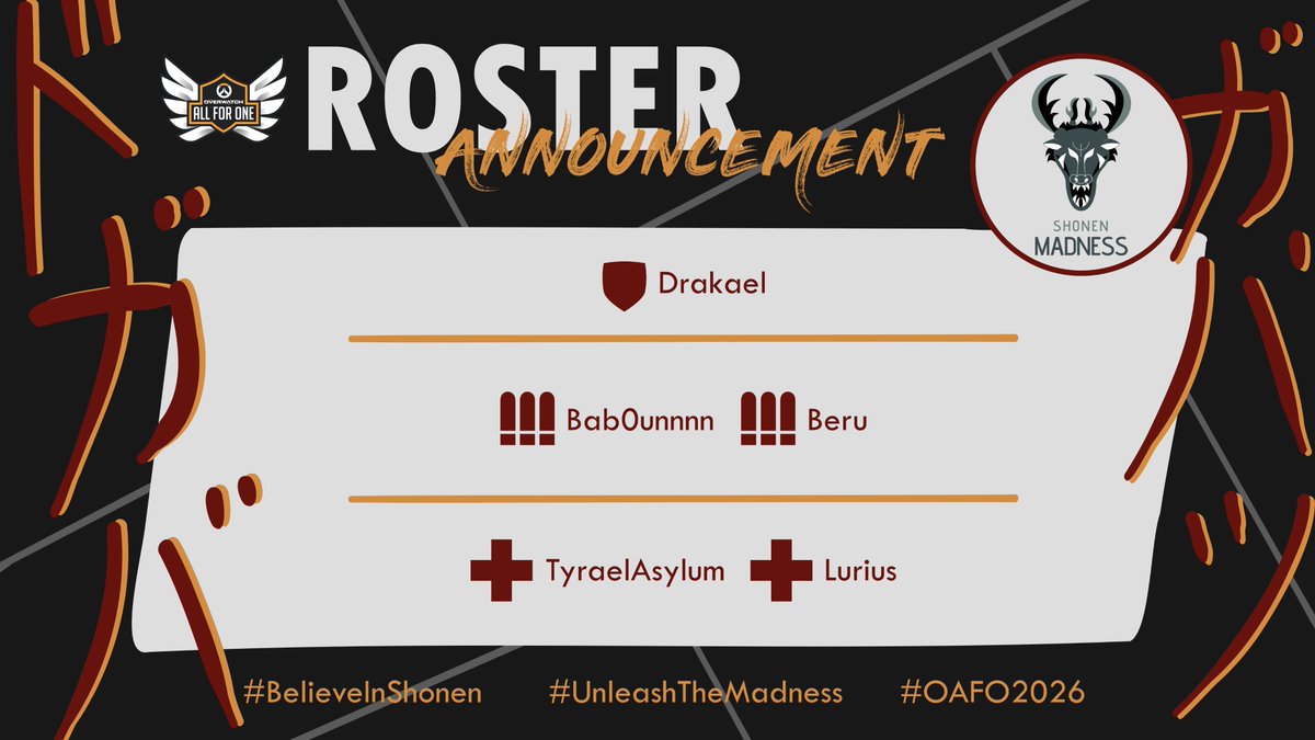 Nous sommes de retour ! Pour vous jouer un mauvais tour 👀

<a href="/Shonen_Esports/">Shonen Esports</a> revient d'entre les morts en vous présentant son nouveau roster matchs only pour l'<a href="/PlayAllForOneFR/">Overwatch AllForOne France</a>  2026 !

Ils sont vieux ... ils sont fatigués ... ils ont la flemme de scrim ... mais surtout ils sont