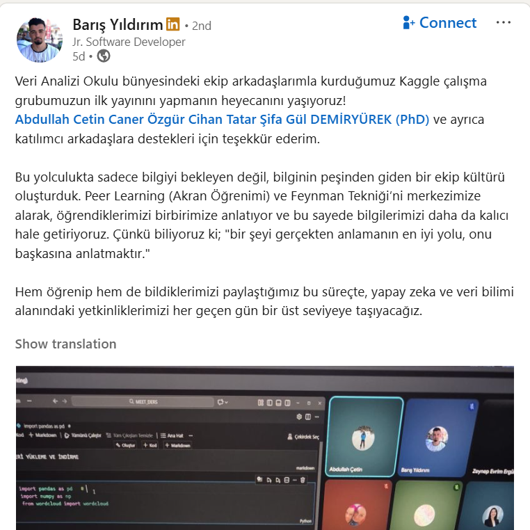 Yükseköğretim Kurulu öncülüğünde başlayan Veri Analizi Okulu çok farklı öğrenme yöntem ve tecrübelerine vesile oluyor.

Bakın mesela azimli bir grup katılımcı kendi aralarında ayrı bir öğrenme işbirliği platformu kurmuşlar. 

Çok sevindirici.