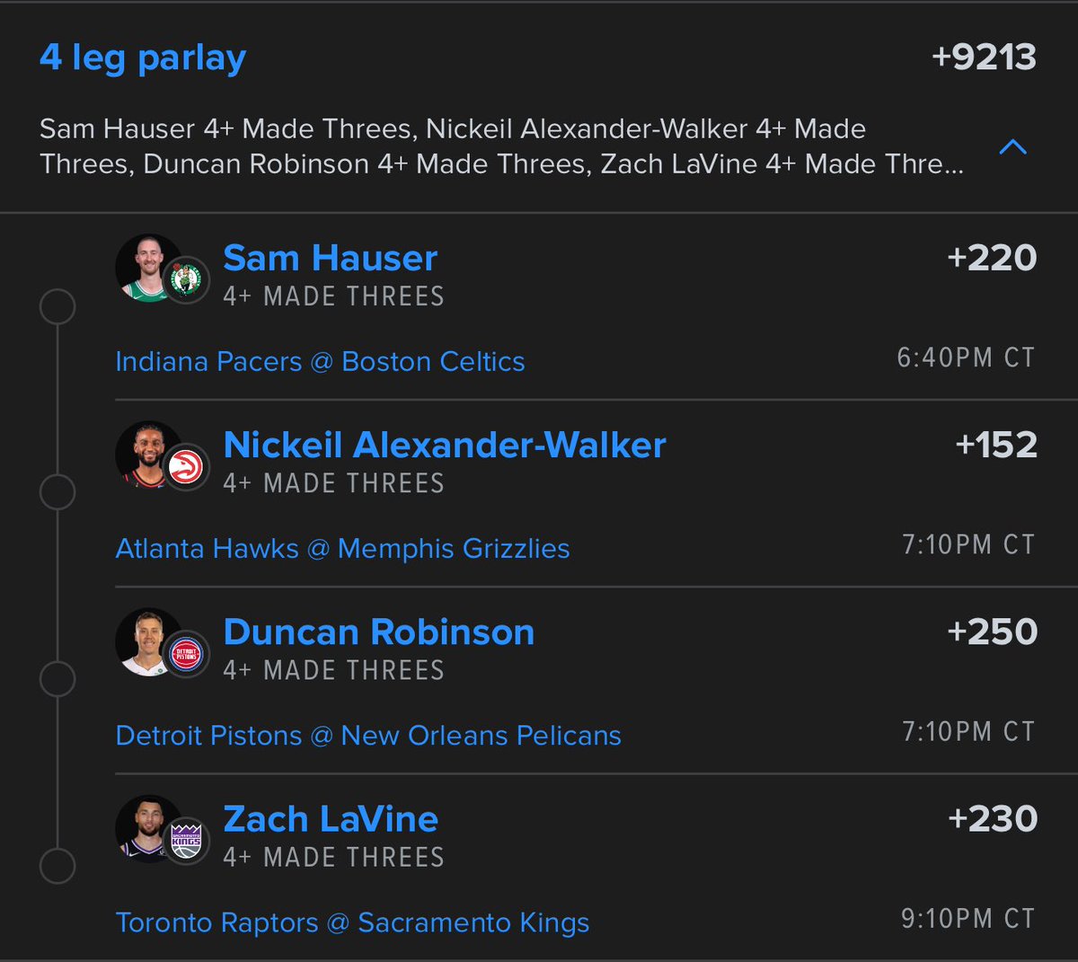 NicLarson13's tweet photo. 3️⃣’s 🪜 

🏀 Hauser 2+ in 9/10
🏀 NAW 2+ in 10/10
🏀 Duncan 2+ in 7/10
🏀 LaVine 2+ in 8/10
🏀 Can 🪜 2-4 https://t.co/5nIyEqKiH7