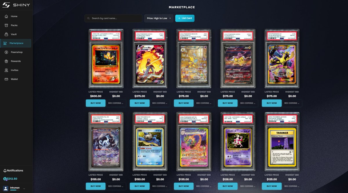 inhuman's tweet image. Marketplace is now live on Shiny ✨️

Next feature update will include "Redemptions"

This means being able to burn your card on the site to have the exact 1:1 backed card shipped directly to your doorstep