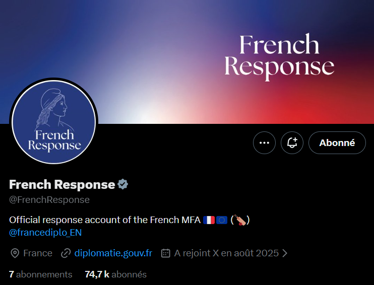 clement_molin's tweet image. Récemment, les comptes officiels de la France 🇫🇷 frappent fort face aux américains 🇺🇸 et aux russes 🇷🇺

French Response, Elysée, Ambassade de France aux Etats-Unis, Armée de terre...

Cette activité est remarquée et fonctionne, mais elle fait en réalité partie d'une stratégie…