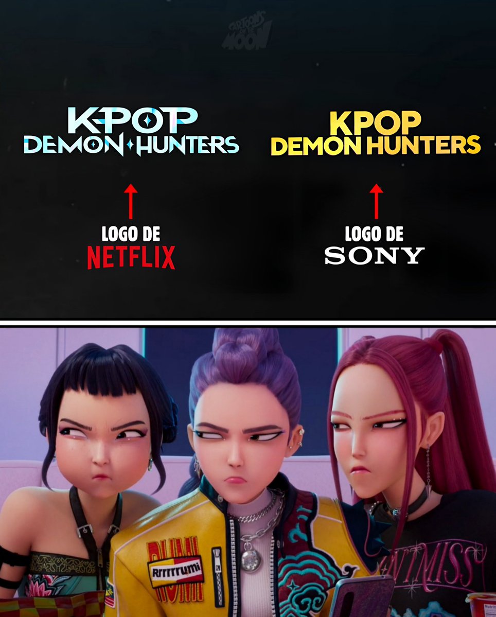 CartoonsOTMoon's tweet image. Los fans descubrieron que SONY solo puede utilizar un logo diferente de 'Kpop Demon Hunters' para sus propios comerciales:

La razón, es que el logo real también se lo vendieron a Netflix.