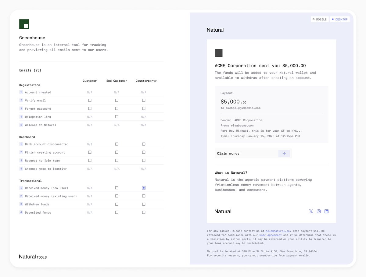 greenhouse is an internal tool that a new engineer (tba) and i cooked up last friday <a href="/naturalpay/">Natural</a> for previewing + managing all emails that get sent to our users.

everyone from marketing to legal to design should have full visibility into when, where and how we notify users.