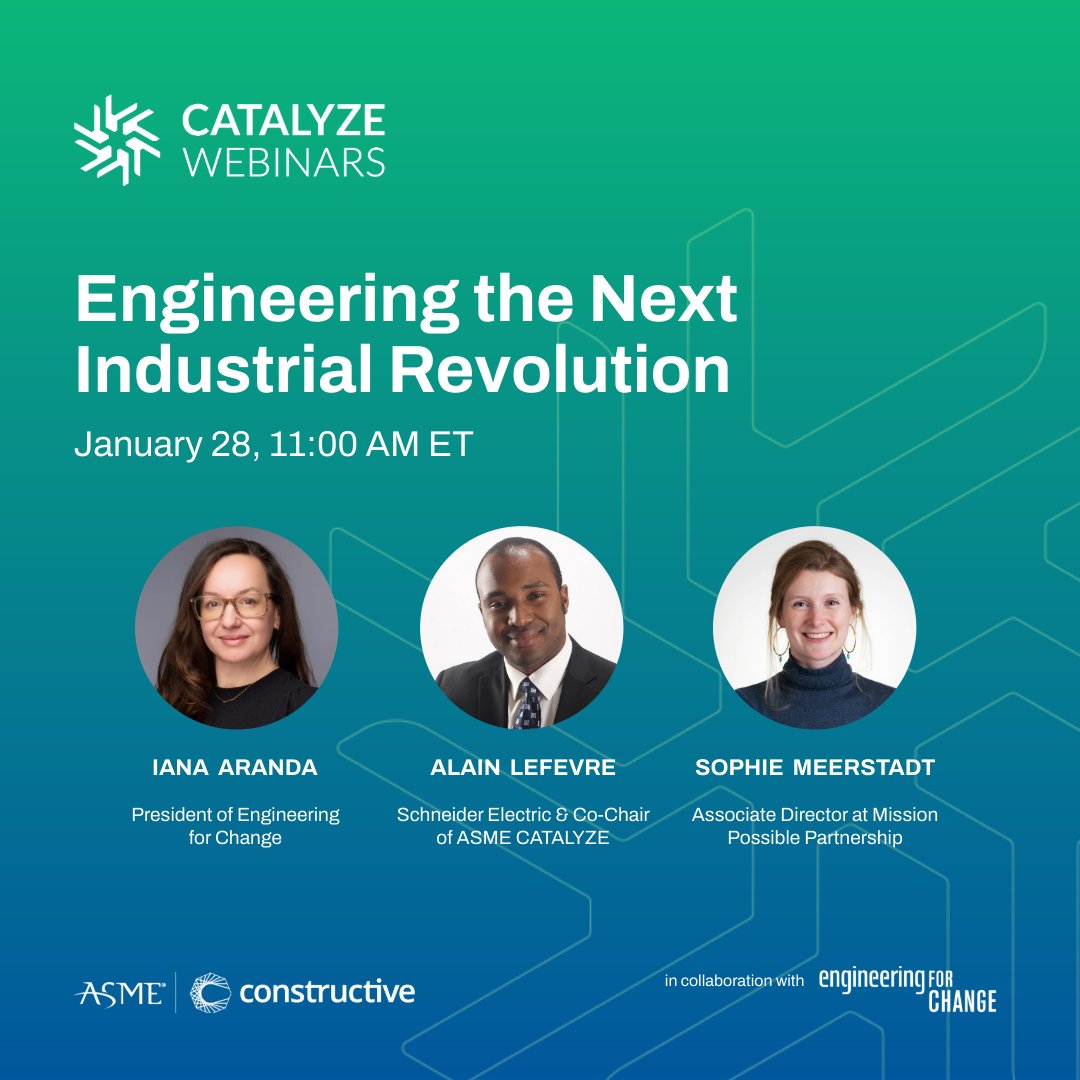 engineer4change's tweet image. Meet the speakers shaping the future of clean industry.

Join Iana Aranda, Alain Lefevre and Sophie Meerstadt for the first CATALYZE Series webinar.

Register Here!
🔗engineeringforchange.org/webinars/catal… 

#ASMECATALYZE #Decarbonization #EngineeringTheFuture
