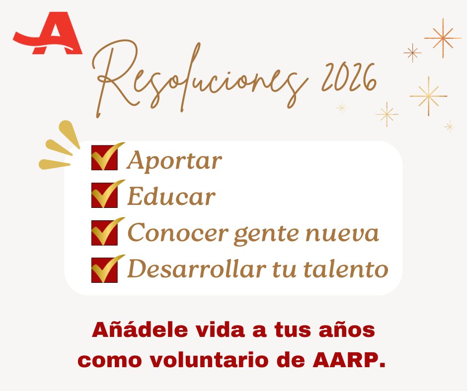 Este 2026, hazle “check” a tus resoluciones.
Comienza aquí spr.ly/6018CAyuK la aventura del voluntariado con AARP, para que cada día cuente mientras vives experiencias que transforman. 
Haz que este año sea diferente: hazlo con intención, con propósito y con ganas.