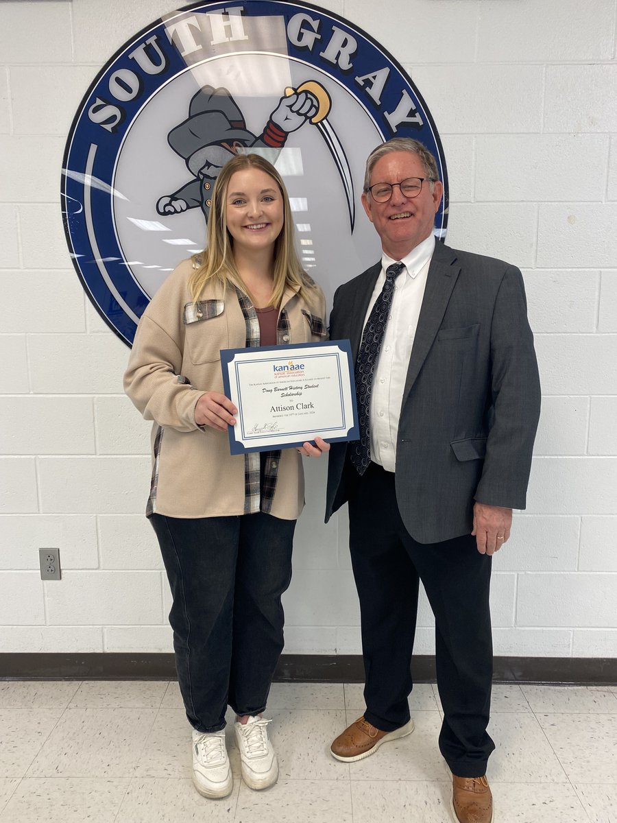 Congrats to <a href="/ClarkAttison/">Attison Skidmore</a> a <a href="/FortHaysState/">Fort Hays State University</a> SR, who is student teaching at South Gray ES in Montezuma, KS. Attison was honored on Monday as the <a href="/kanaaeorg/">Kansas Teachers</a> '25 Doug Barnett History Student Scholarship winner.  She was awarded a $500 stipend for her winning essay. Congrats Attison!