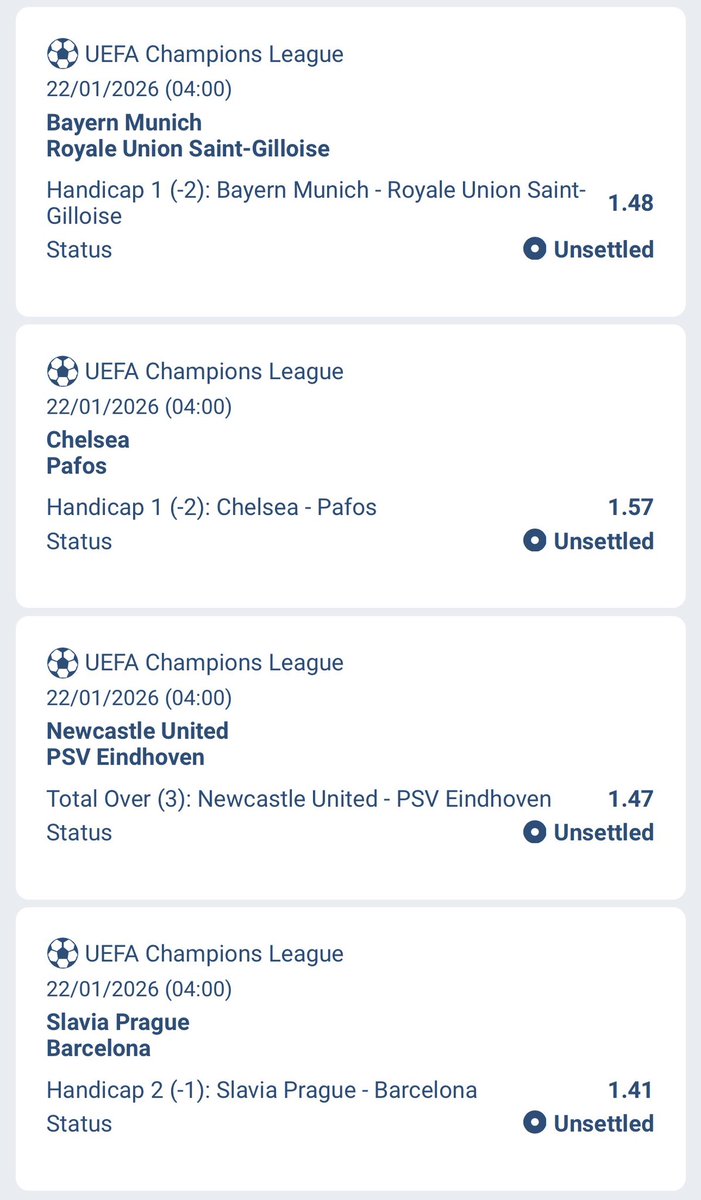 BenchTalkss's tweet photo. My predictions for the UEFA Champions League today!
1) Bayern Munich vs Royale Union Saint-Gilloise Handicap Bayern (-2) 1.48
2) Chelsea vs Pafos Handicap Chelsea (-2) 1.57
3) Newcastle United vs PSV Eindhoven Total Over (3) 1.47
4) Slavia Prague vs Barcelona Handicap Barcelona (-1) 1.41
All bets are placed on 1xbet!
#UCL #1xbet #Barcelona