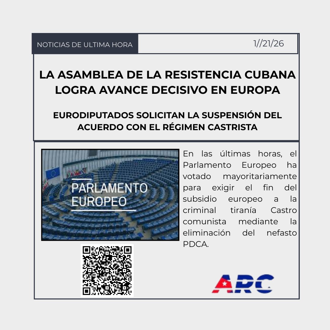 #Cuba #SalvaraCuba 
La Asamblea de la Resistencia Cubana (ARC) anuncia una victoria estratégica fundamental en la lucha por la libertad de Cuba.
-Orlando Gutierrez Boronat