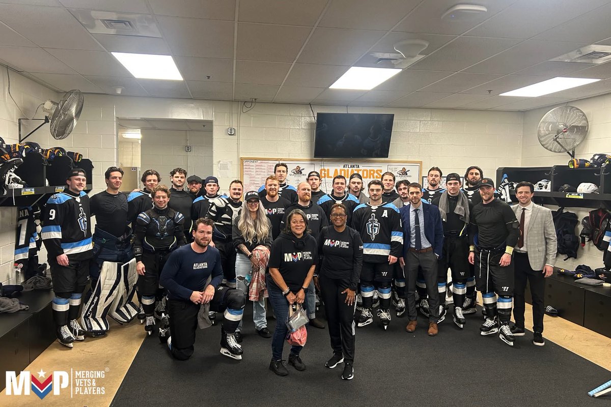 VetsandPlayers's tweet photo. Grateful for an incredible Military Appreciation Night with the Atlanta Gladiators 🇺🇸

Our members had the opportunity to spend time in the locker room sharing about #MVP and also enjoy a great night of hockey. We look forward to more collaboration and positive impact this year! https://t.co/v20MC8k9WI
